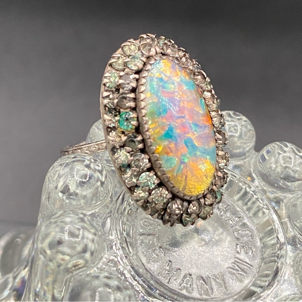 Vintage Martelli Sterling Art Deco Rhinestone and Opal? Ring Size 6